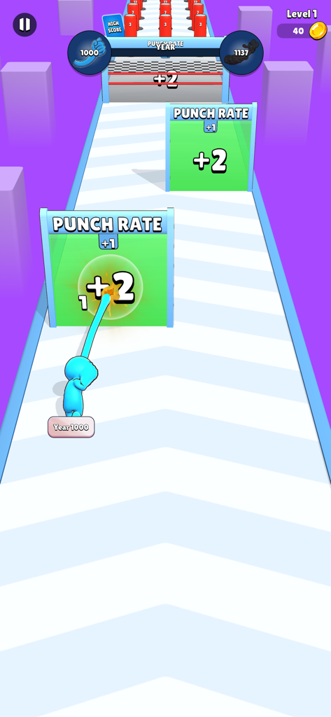 A blue character in Punch Machine hitting a green gate to increase punch rate stats during a runner level