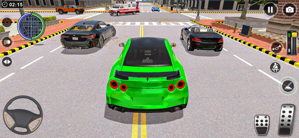 Car Driving Master: Car Games - A bright green supercar driving through a city intersection in the Car Driving Master mobile game