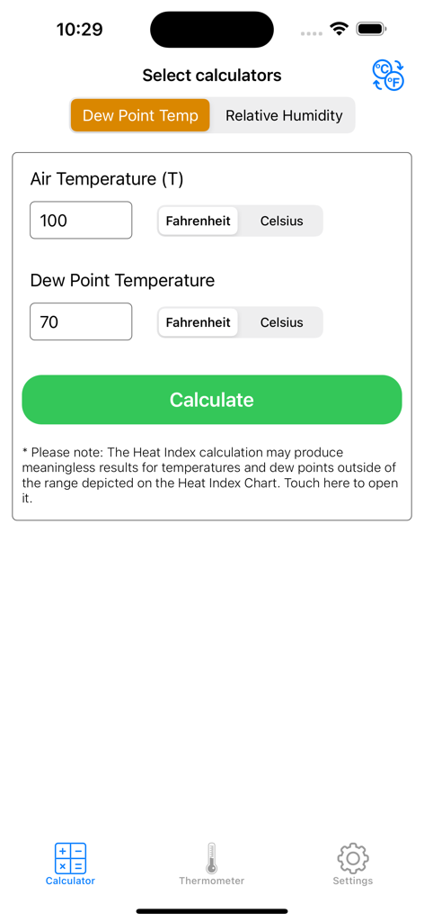 Heat Index Calculator Pro - Manual input screen for air temperature and dew point in the Heat Index Calculator Pro app