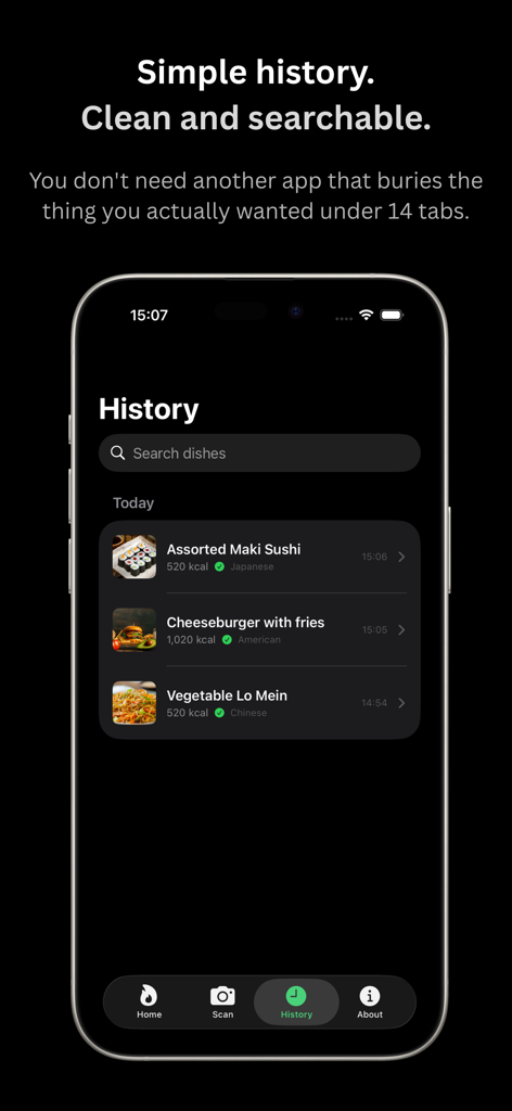 A clean and searchable history screen showing a list of scanned meals with calorie estimates and a search bar.