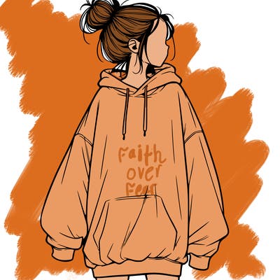 realistic girl with a oversized sweatshirt on and a bun