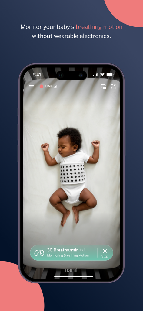 Nanit - Smartphone affichant l'application Nanit surveillant la fréquence respiratoire d'un bébé qui dort