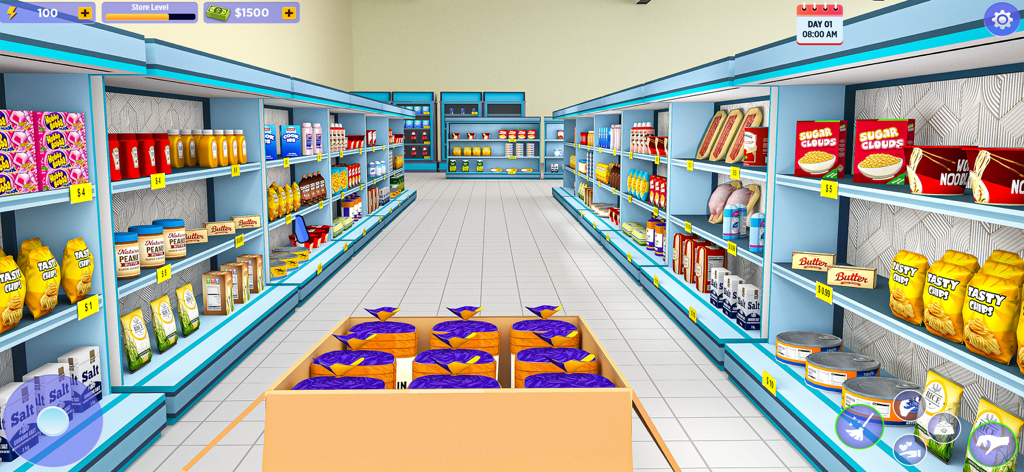 Dog Food Supermarket Simulator - A wide view of a 3D supermarket interior with blue shelves stocked with groceries and a restock box in a management simulation game