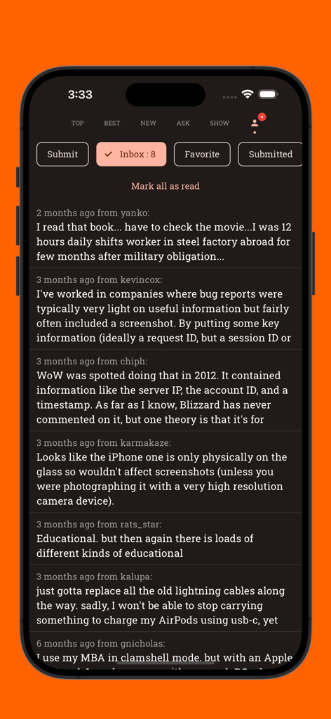 Hacki app inbox displaying user comments and replies in a dark theme