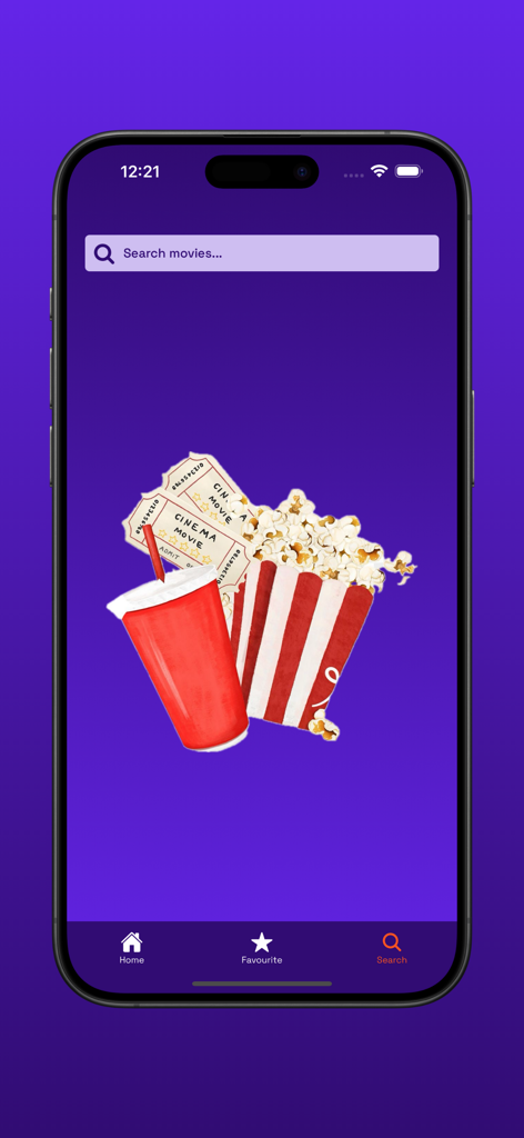 Écran de recherche de l'application GO Movies avec des icônes de cinéma sur fond violet