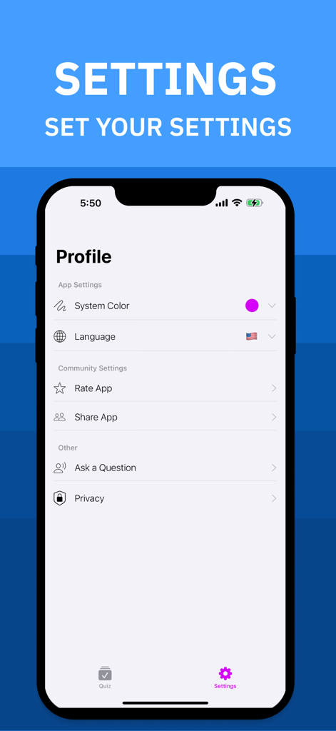 English A1-C2 Grammar Quiz - Pantalla de configuración de la aplicación Cuestionario de Gramática de Inglés que muestra opciones de personalización de perfil e idioma