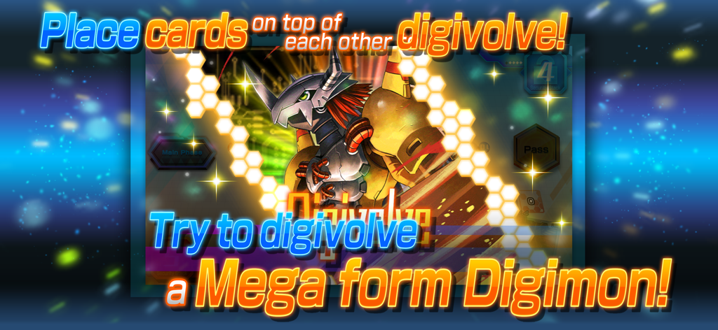 Tutorial screen from the Digimon Card Game app explaining how to digivolve into a Mega form by stacking cards.
