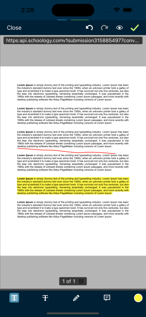 Schoology app interface for annotating and grading student assignments with highlights and drawings.