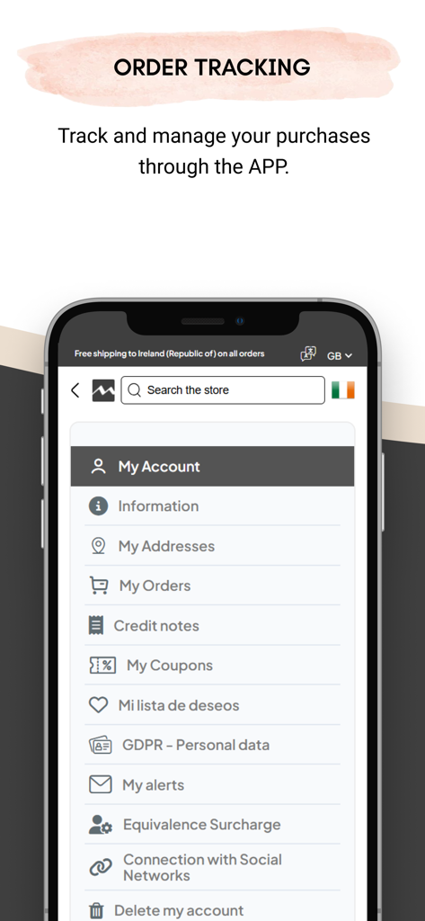 Artemiranda - Artemiranda mobile app order tracking and account management interface