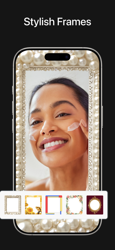 True Mirror App: Makeup Mirror - A woman using the True Mirror app featuring a decorative pearl frame