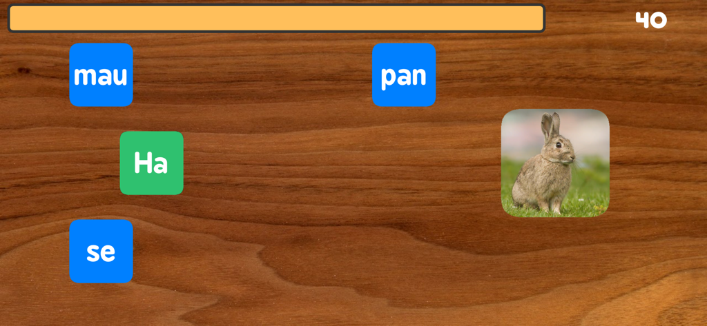Schreiben mit Silben - Interface de aplicativo educativo para aprender sílabas alemãs com blocos de palavras e uma imagem de coelho