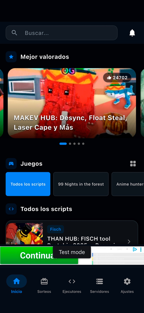 Bublox - Pantalla de inicio de la aplicación Bublox con los mejores scripts de juegos calificados y una biblioteca de categorías de juegos para jugadores de Roblox.