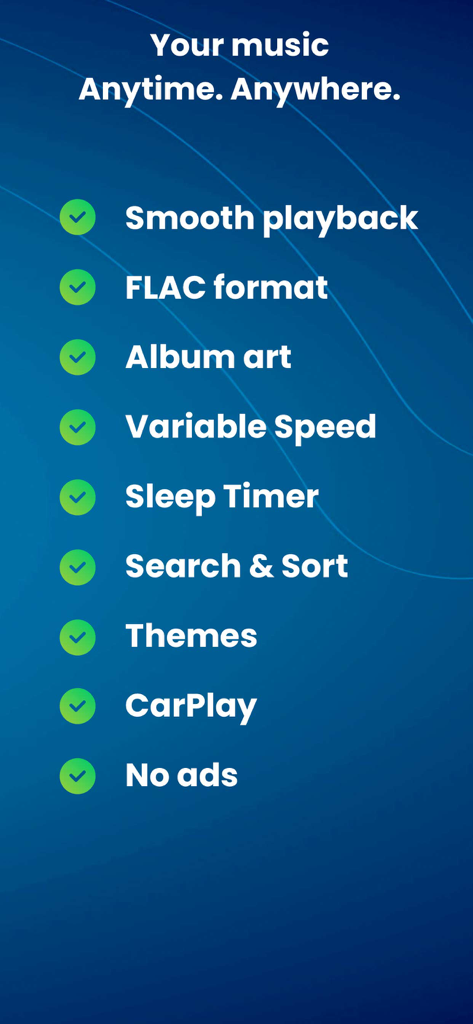 Una lista de las características de CloudBeats que incluyen reproducción fluida, soporte de formato FLAC, integración con CarPlay y control de velocidad variable.