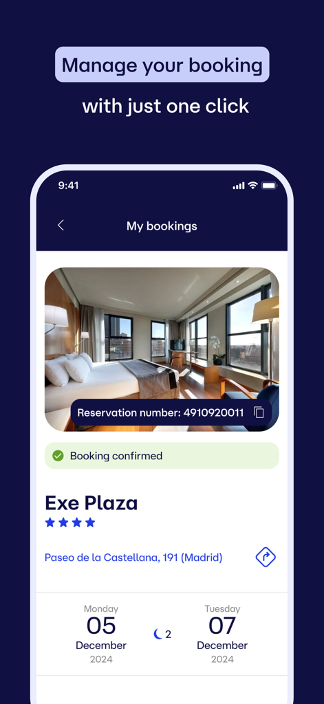 Reserving - Interface de l'application Reserving montrant une réservation d'hôtel confirmée à Madrid