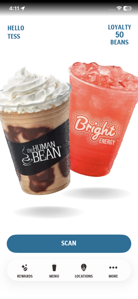 Tela inicial do aplicativo The Human Bean exibindo beans de fidelidade e um botão de escaneamento