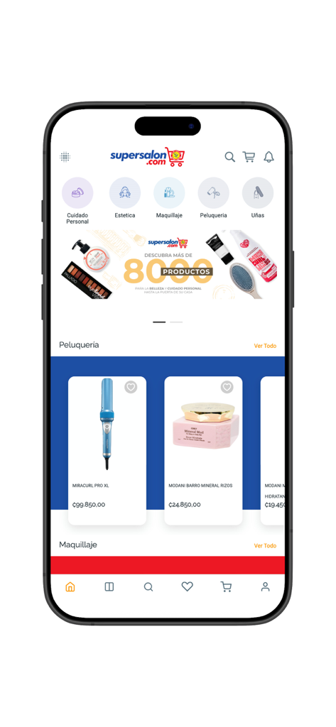 SUPER SALON - La pantalla de inicio de la aplicación móvil SUPER SALON mostrando categorías de belleza y productos profesionales
