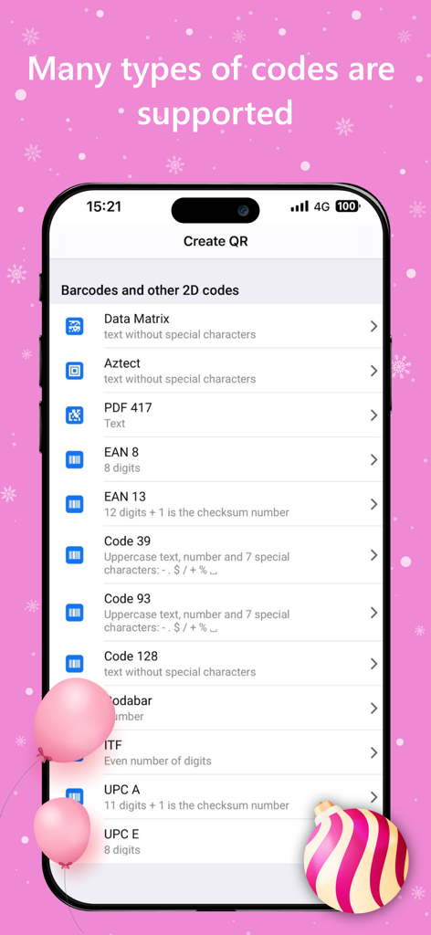 QR Code & Barcode Reader © - A menu showing supported barcode and 2D code formats including EAN UPC and Code 39 for generation