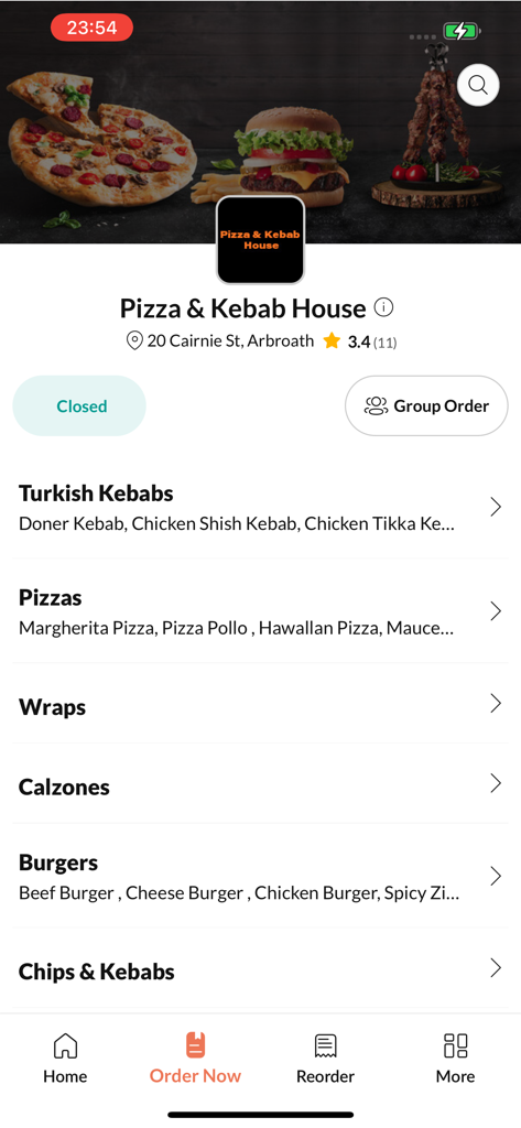 Pizza & Kebab House - Menu screen of the Pizza and Kebab House app showing food categories like Turkish Kebabs and Pizzas