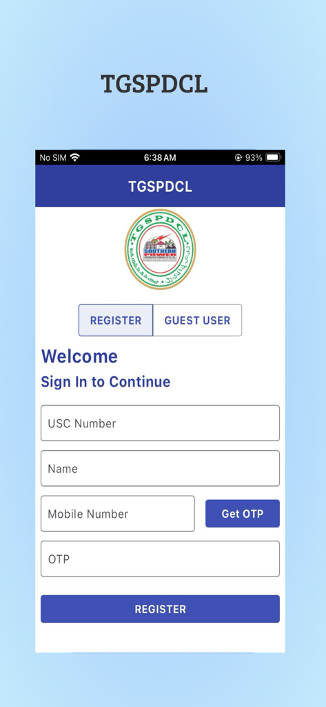 TGSPDCL - Registration screen of the TGSPDCL mobile app for electricity bill services