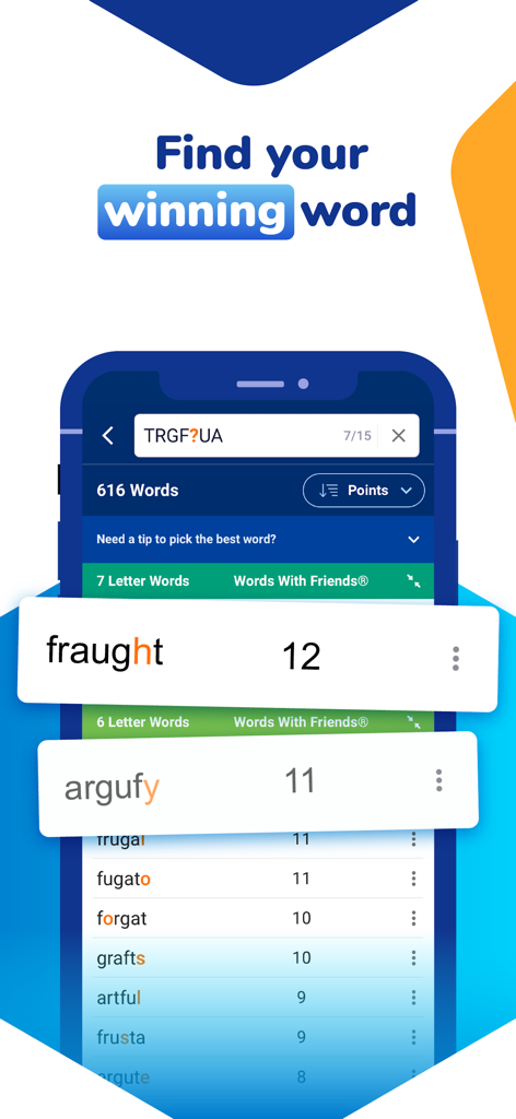 A smartphone screen displaying the WordFinder app interface with a list of unscrambled high-scoring words for word games.