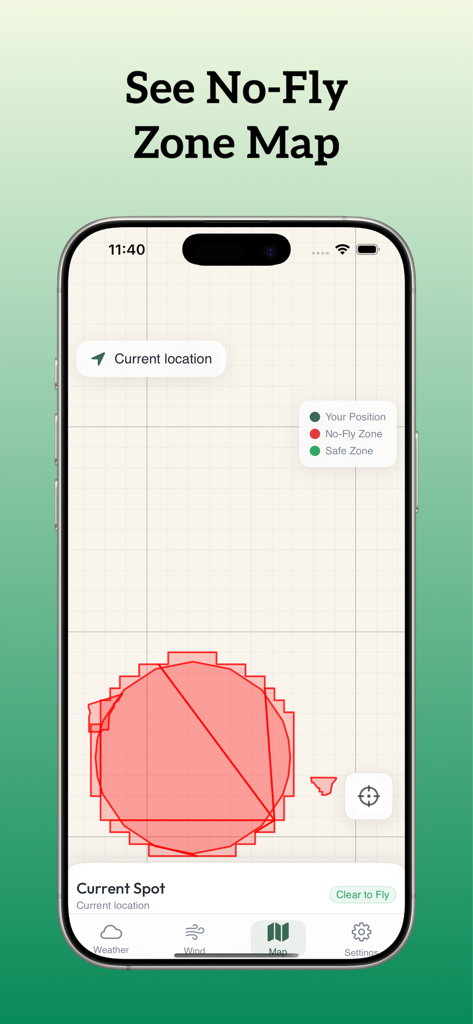 Drone Weather app interface showing a no-fly zone map with restricted airspace highlighted in red.