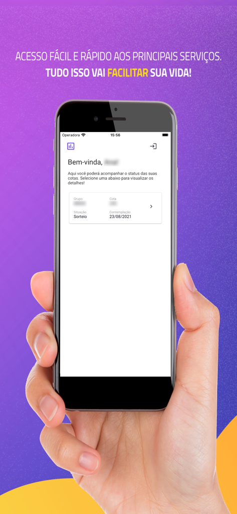 Zema Consórcio - Uma mão segurando um smartphone exibindo a tela inicial do aplicativo Zema Consórcio com o status da participação na conta e detalhes da contemplação.