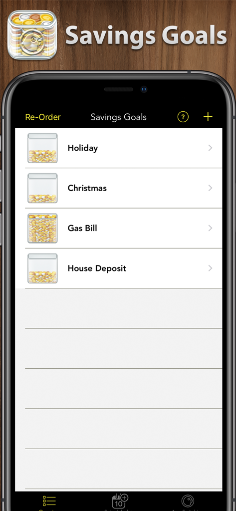 Savings Goals Pro - Dashboard of Savings Goals Pro app displaying multiple categories for savings like holiday and house deposit.