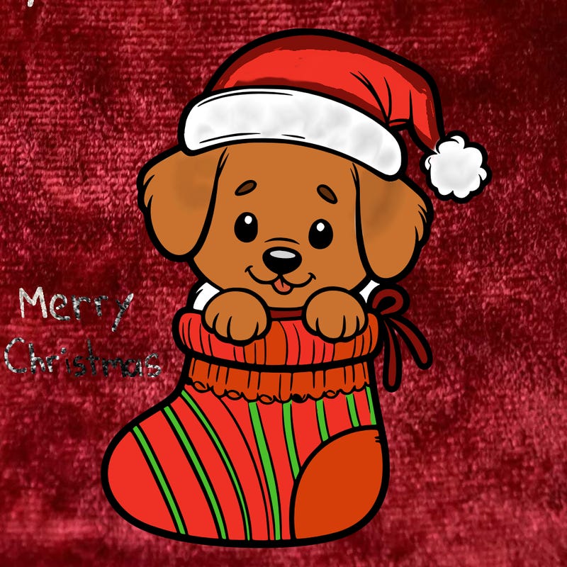 cute puppy wearing santa hat in socking