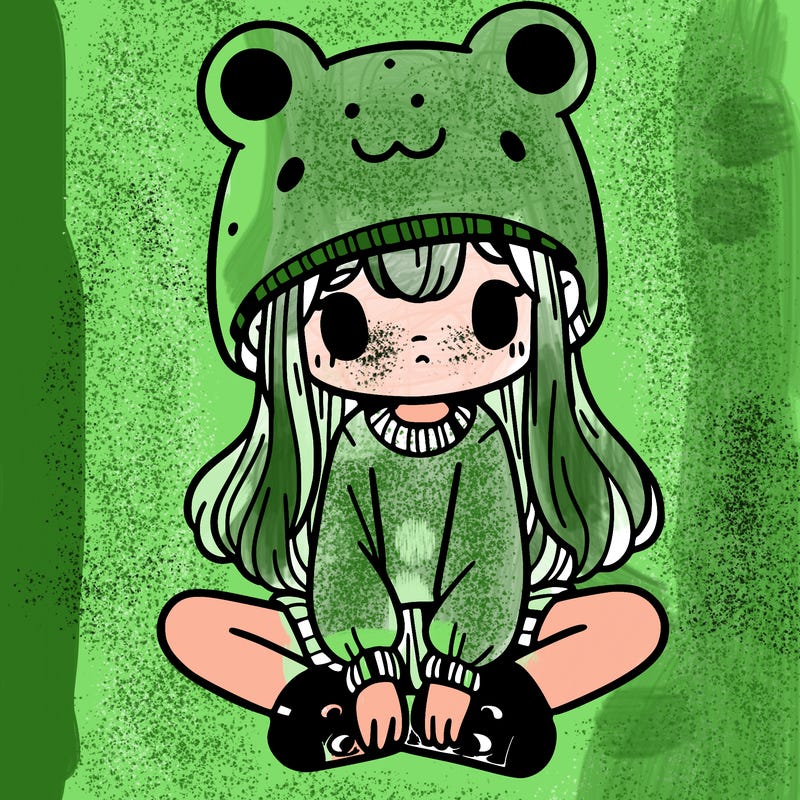 a girl wearing a frog hat and some frog socks