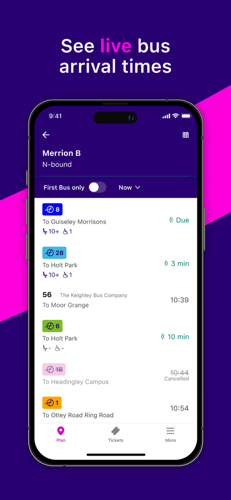 First Bus app interface showing real time bus arrival schedules