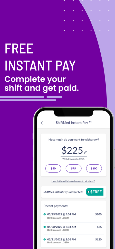 ShiftMed - Nursing Jobs App - 최근 결제 내역 및 인출 인터페이스가 있는 ShiftMed 앱의 무료 즉시 지급 기능을 보여주는 모바일 화면