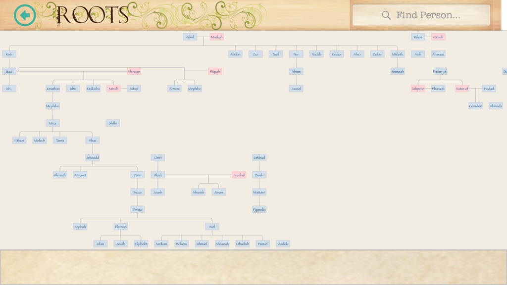 Interface of the Bible Family Tree app showing a detailed lineage map of biblical figures