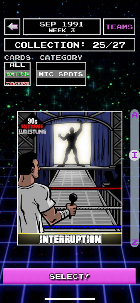 A retro-themed mobile game screen showing an Interruption mic spot card for a 90s wrestling event.