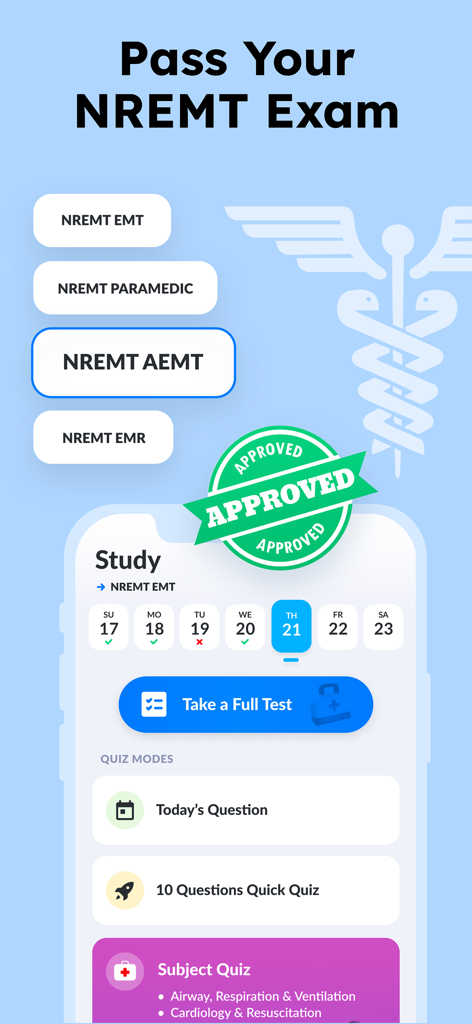 NREMT Prep. Medic Test 2026 - Interface de l'application NREMT Prep Medic Test montrant les niveaux d'étude et les modes d'examen