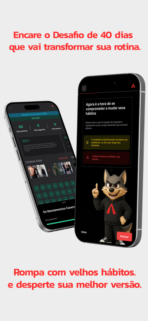 Modo Caverna - Interface of the Modo Caverna app showing a 40-day productivity challenge and habit tracking screen with a wolf mascot