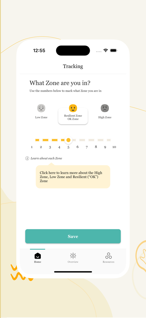iChill - iChill app interface for tracking emotional states across Low Resilient and High Zones
