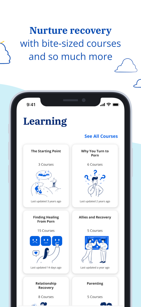 The Learning screen of the Victory app displaying various recovery course modules.