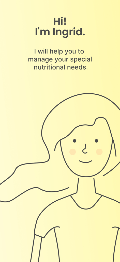 Écran d'accueil de l'application d'intolérances alimentaires Ask Ingrid avec un personnage de dessin animé amical