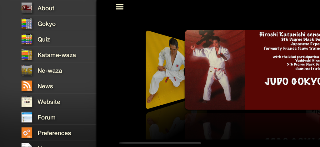 Menú principal de la aplicación Judo Gokyo con Hiroshi Katanishi sensei