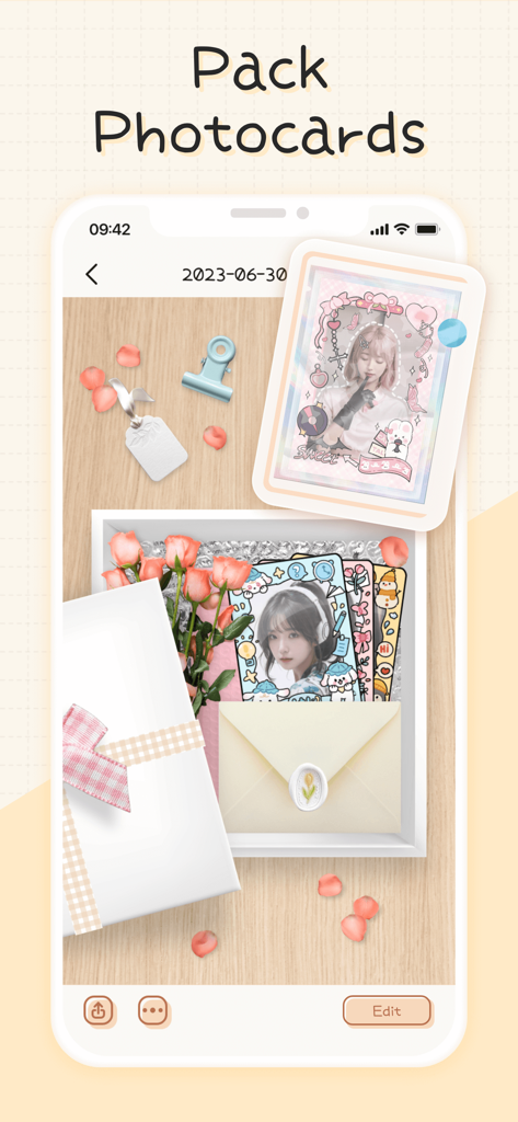Mininote - Cute note and diary - Mininote app showing aesthetic digital photocard packs and scrapbooking decorations.