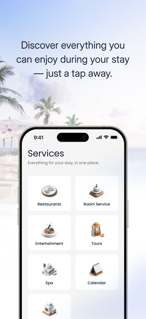 Mobile screen of the Palace Resorts app showing a menu of services including restaurants, room service, entertainment, and spa bookings.