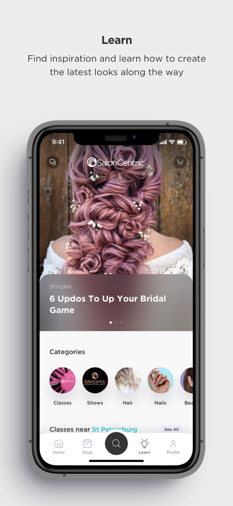SalonCentric - Pantalla Aprender de la app SalonCentric con tutoriales de peinados de novia y clases profesionales de cosmetología