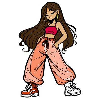 girl in baggy pants crop top and long hair