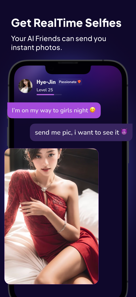 Fling AI Character & Roleplay - Interfaz de la aplicación Fling AI mostrando un chat con un personaje de IA enviando una selfie ultrarrealista en respuesta a una solicitud del usuario
