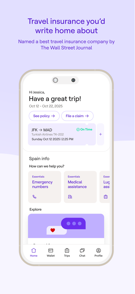 Faye Travel Insurance mobile app home screen showing trip details flight status and quick access to policy and claims