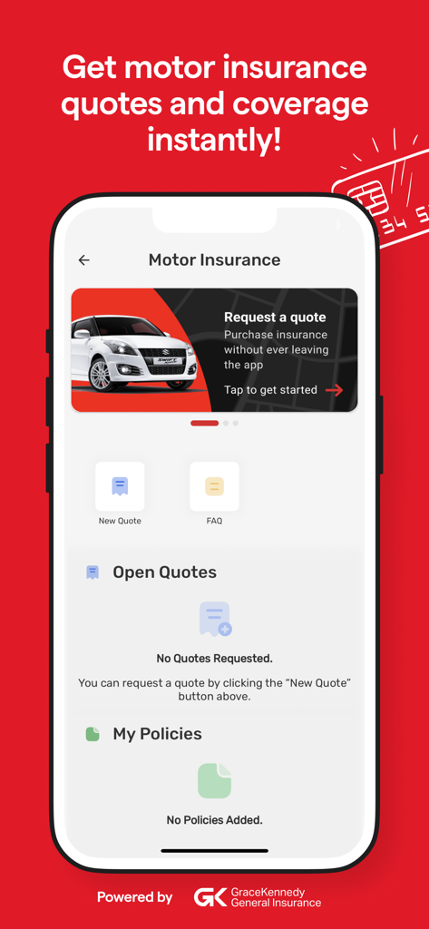 GK One - Interfaz de la aplicación GK One para solicitar cotizaciones de seguro de motor y administrar pólizas de vehículos con GraceKennedy General Insurance.