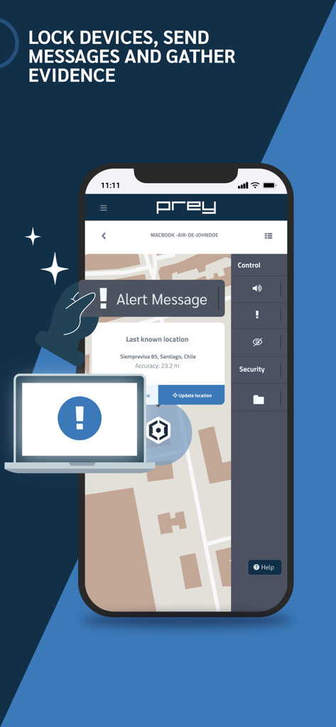Prey Find My Phone & Security - Prey security app interface on a smartphone showing remote device locking and alert message features.