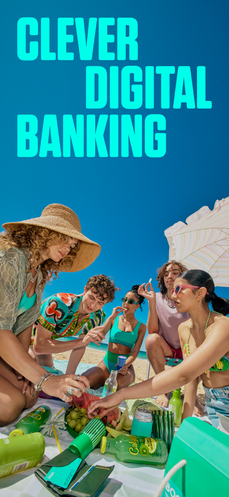 A group of young adults enjoying a beach picnic with the text Clever Digital Banking