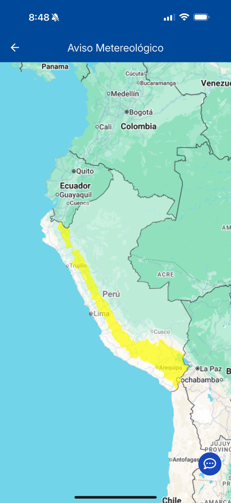 SENAMHI PERU Móvil - A map of Peru within the SENAMHI app showing a meteorological warning highlighted in yellow along the coast and southern region.
