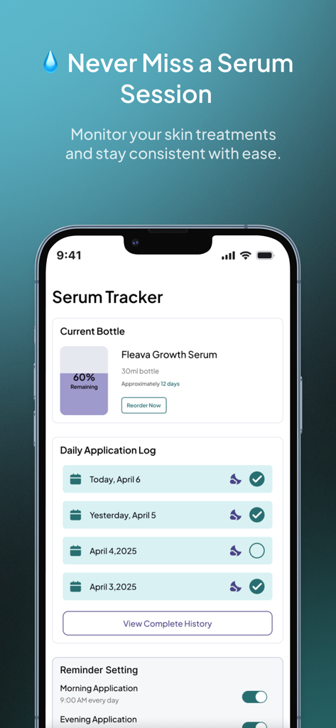 Fleava: Hair Health for Men - Fleava app serum tracker screen showing a daily hair treatment log and serum bottle status